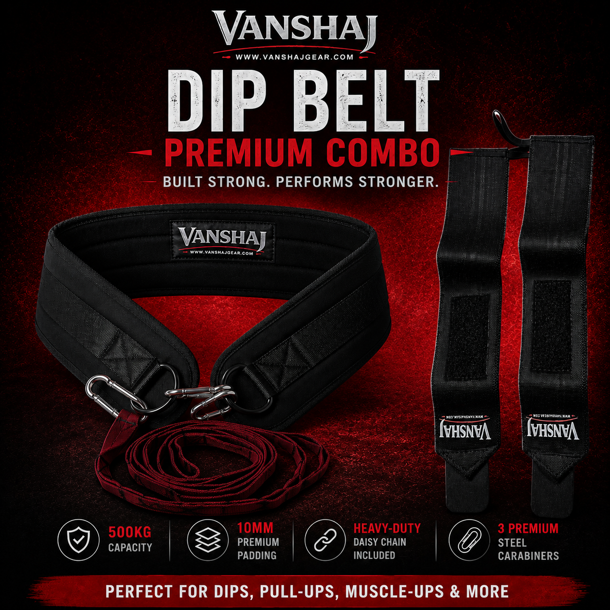 VANSHAJ Gear Dip Belt + Wrist Wraps Combo | 10mm Padded Weighted Dip Belt, Daisy Chain & Premium Wrist Support for Strength Training
