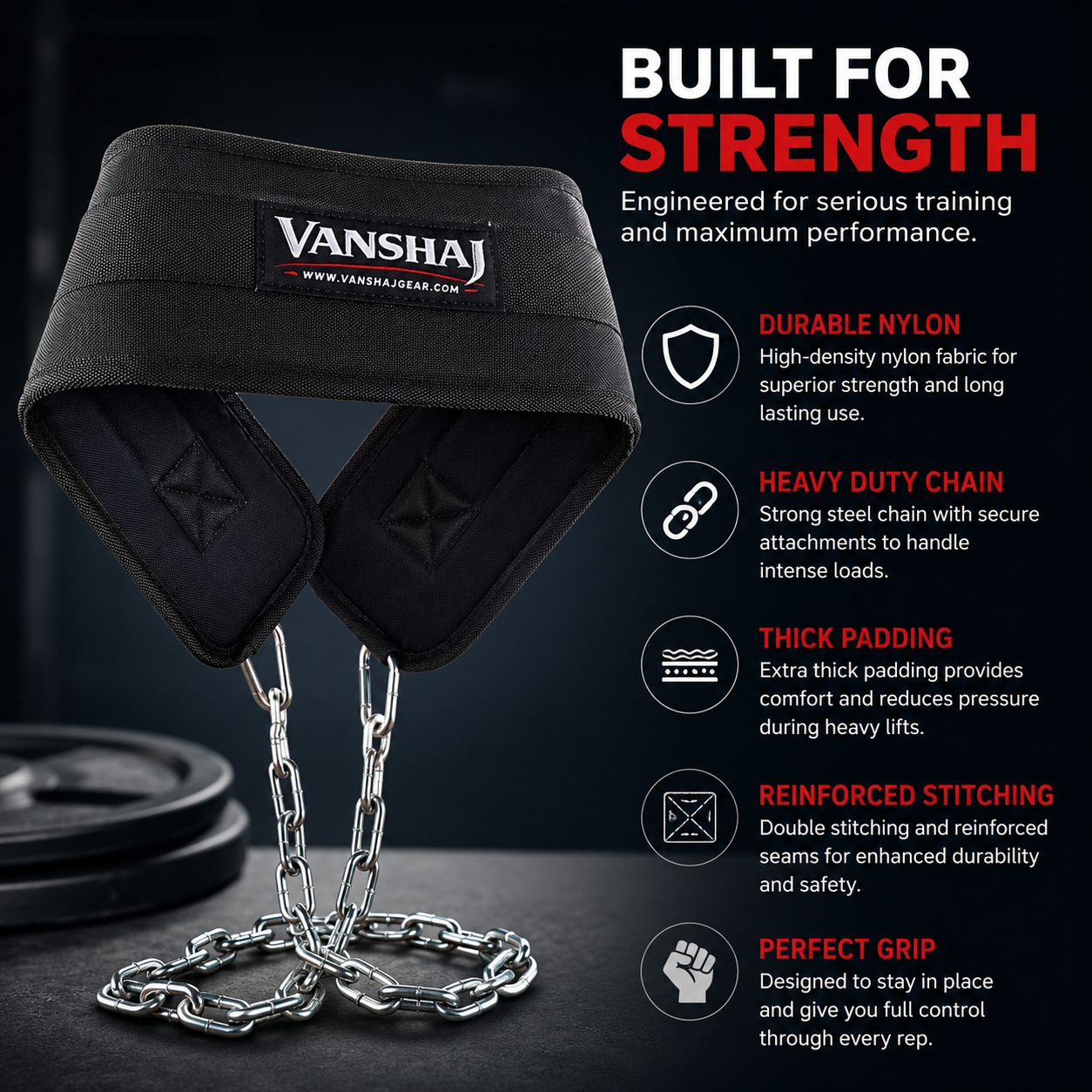Vanshaj Heavy Duty Dip Belt with 2 Ft Steel Chain & Carabiners | 10 MM Thick Padding | 500 KG+ Capacity Per Side | Weighted Dips, Pull-Ups, Chin-Ups & Strength Training