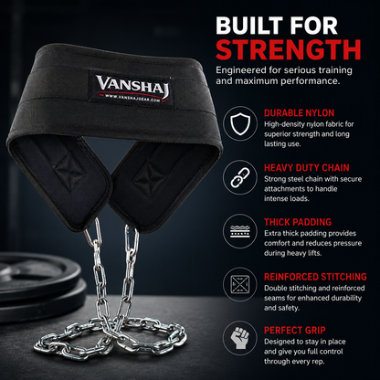 Vanshaj Heavy Duty Dip Belt with 2 Ft Steel Chain & Carabiners | 10 MM Thick Padding | 500 KG+ Capacity Per Side | Weighted Dips, Pull-Ups, Chin-Ups & Strength Training