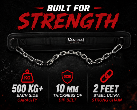 Vanshaj Heavy Duty Dip Belt with 2 Ft Steel Chain & Carabiners | 10 MM Thick Padding | 500 KG+ Capacity Per Side | Weighted Dips, Pull-Ups, Chin-Ups & Strength Training