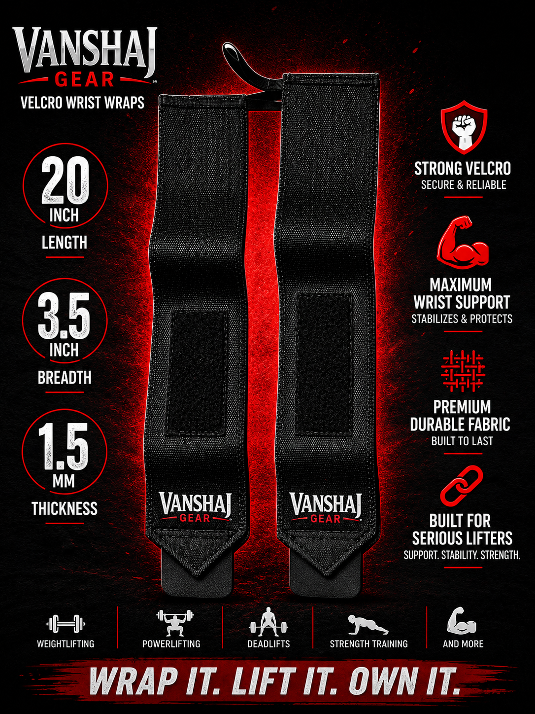 Vanshaj Gear Velcro Wrist Wraps – Heavy Duty Gym Wrist Support for Weightlifting, Powerlifting, Bench Press, Deadlifts & Strength Training (20 Inch)