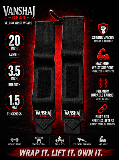 Vanshaj Gear Velcro Wrist Wraps – Heavy Duty Gym Wrist Support for Weightlifting, Powerlifting, Bench Press, Deadlifts & Strength Training (20 Inch)